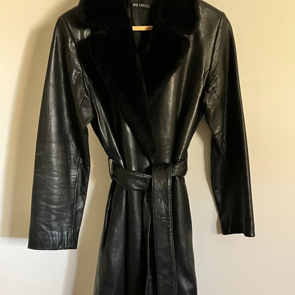 John Carlisle Black Leather Coat w/Faux Fur Collar